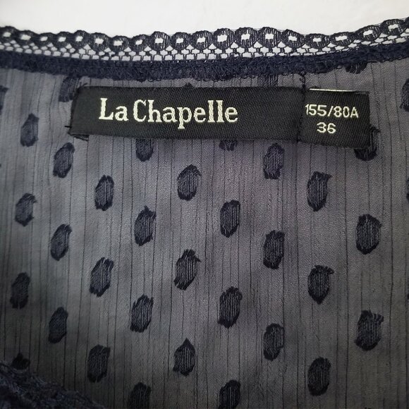 La Chapelle Navy Blue Sheer Chiffon Ruffle Batwing Blouse Top Romantic Coquette - Picture 6 of 15